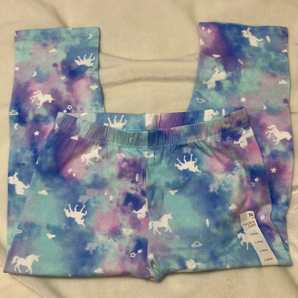 NWT Kohls SO Favorite Capri multicolor unicorn Size 10/12. 24” long